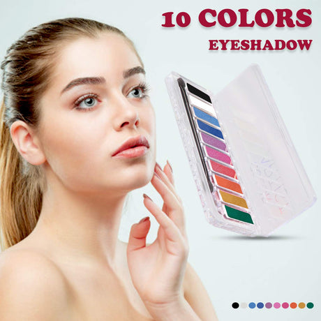 Woman holding a colorful eyeshadow palette with '10 Colors Eyeshadow' text above.