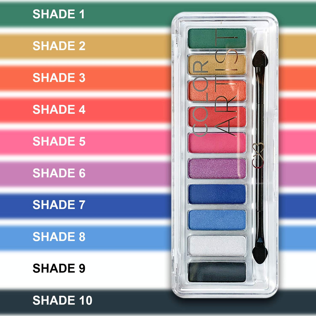 Set of 10 colorful makeup shades with a brush on a striped background