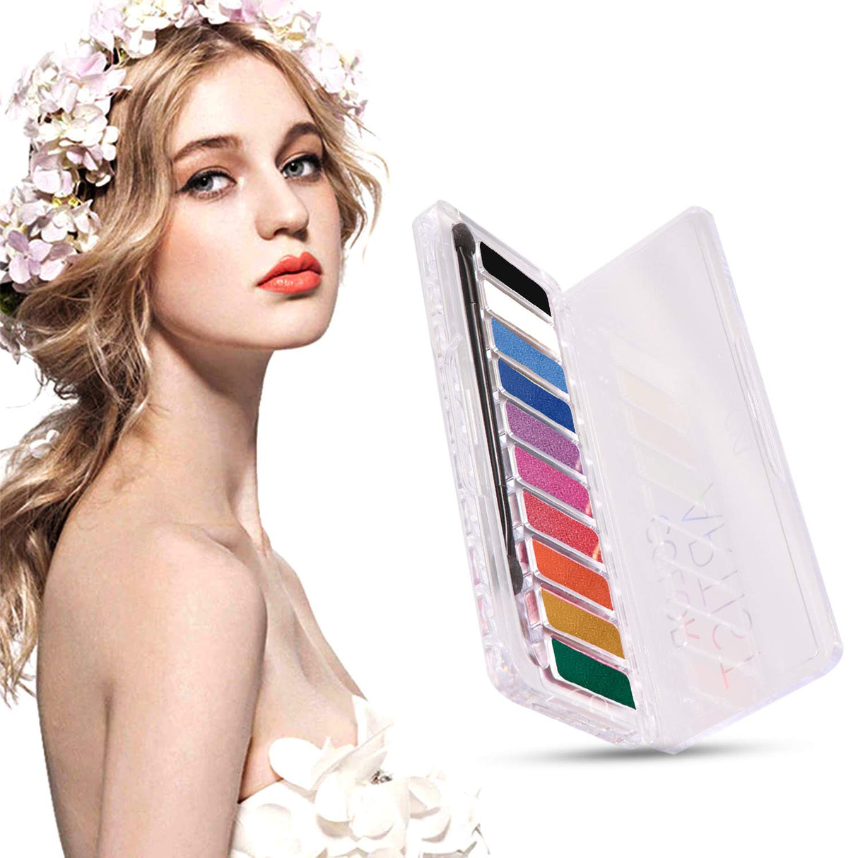 Makeup palette with colorful swatches next to a woman with floral hair accessories on a white background