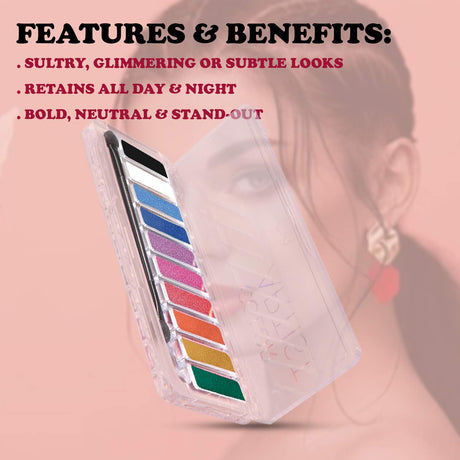 Makeup palette with color swatches and text about features and benefits on a blurred background