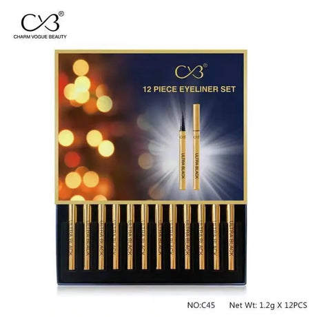 Charm Vogue Beauty 12-piece eyeliner set packaging with gold eyeliner pens and blurred lights in the background.
