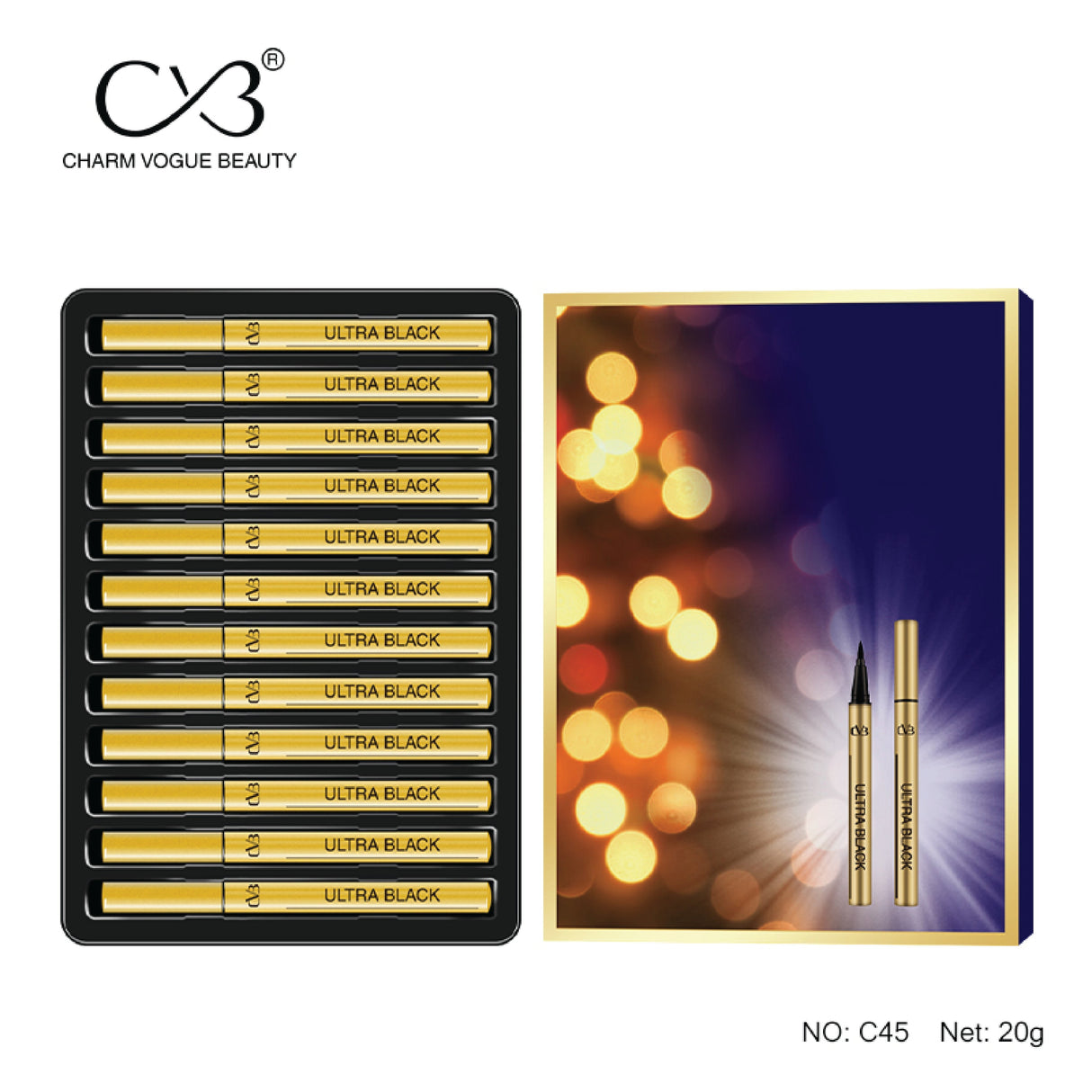Charm Vogue Beauty ultra black eyeliner set with packaging on a white background