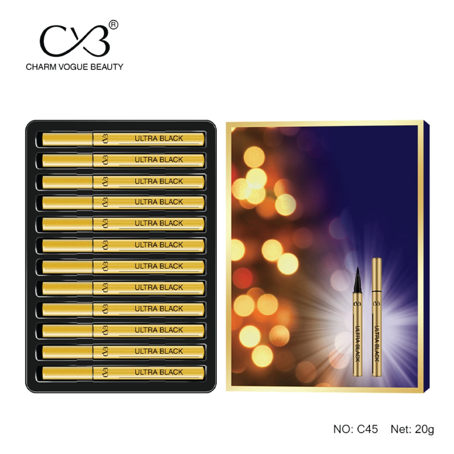 Charm Vogue Beauty ultra black eyeliner set with packaging on a white background