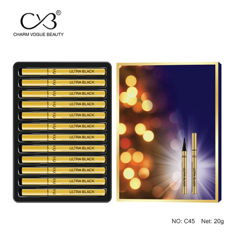 Charm Vogue Beauty ultra black eyeliner set with packaging on a white background