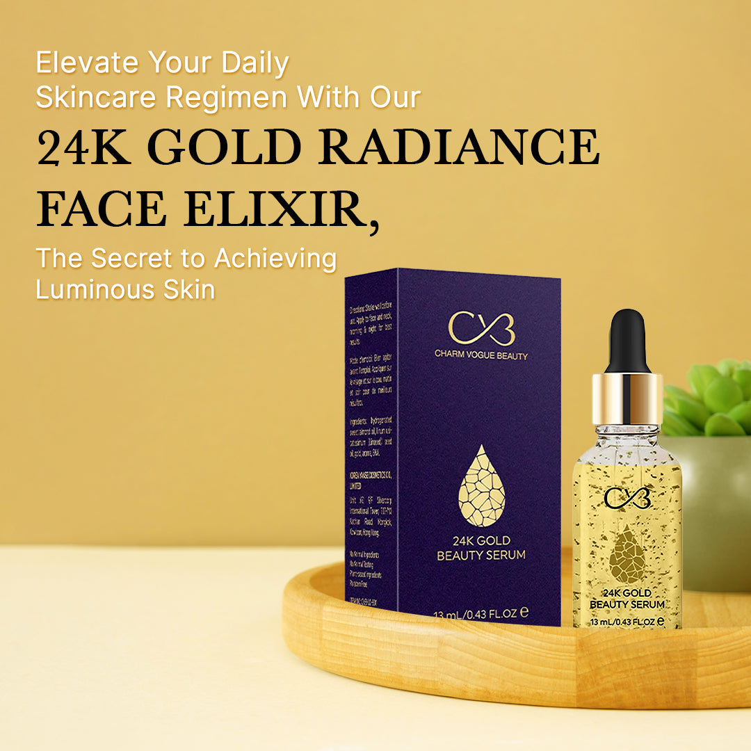 24K Gold Radiance Face Elixir with packaging on a wooden tray against a yellow background