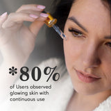 Woman applying a dropper of skincare product to her face with text about user feedback on glowing skin.