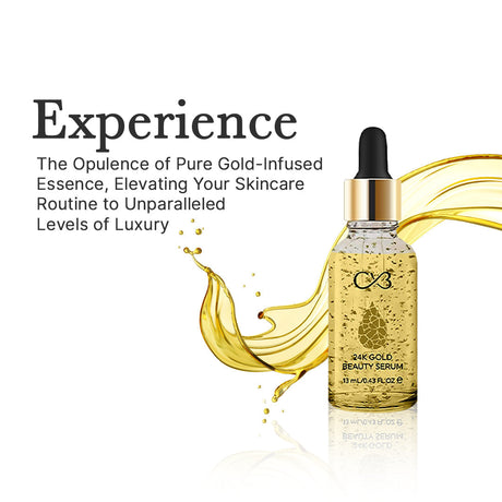 Bottle of 24K Gold Beauty Serum with gold liquid splash on a white background