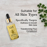 Skincare serum bottle with text on a light background