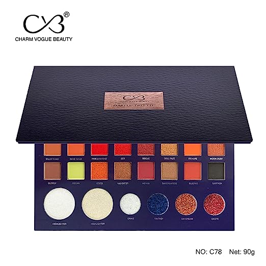 Makeup palette with Charm Vogue Beauty branding on a white background
