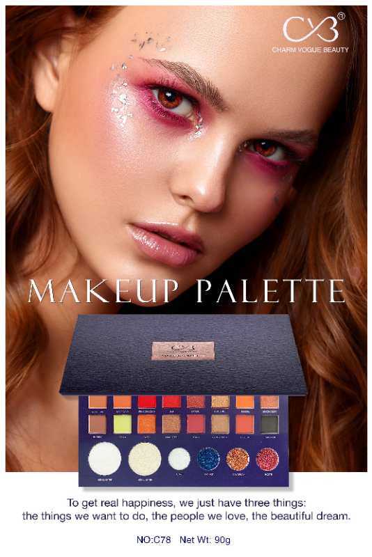 Makeup palette with a model wearing makeup, featuring C3 brand.