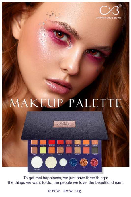 Makeup palette with a model wearing makeup, featuring C3 brand.