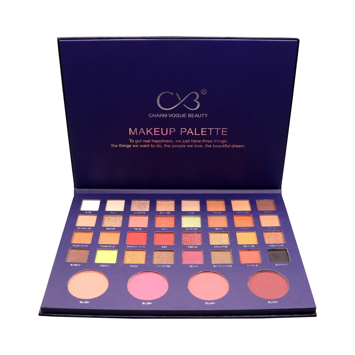 Makeup palette with multiple color swatches and three sample应用s on a white background