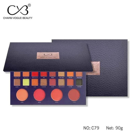 Makeup palette with color swatches and a black leather case on a white background, featuring the Charm Vogue Beauty brand.