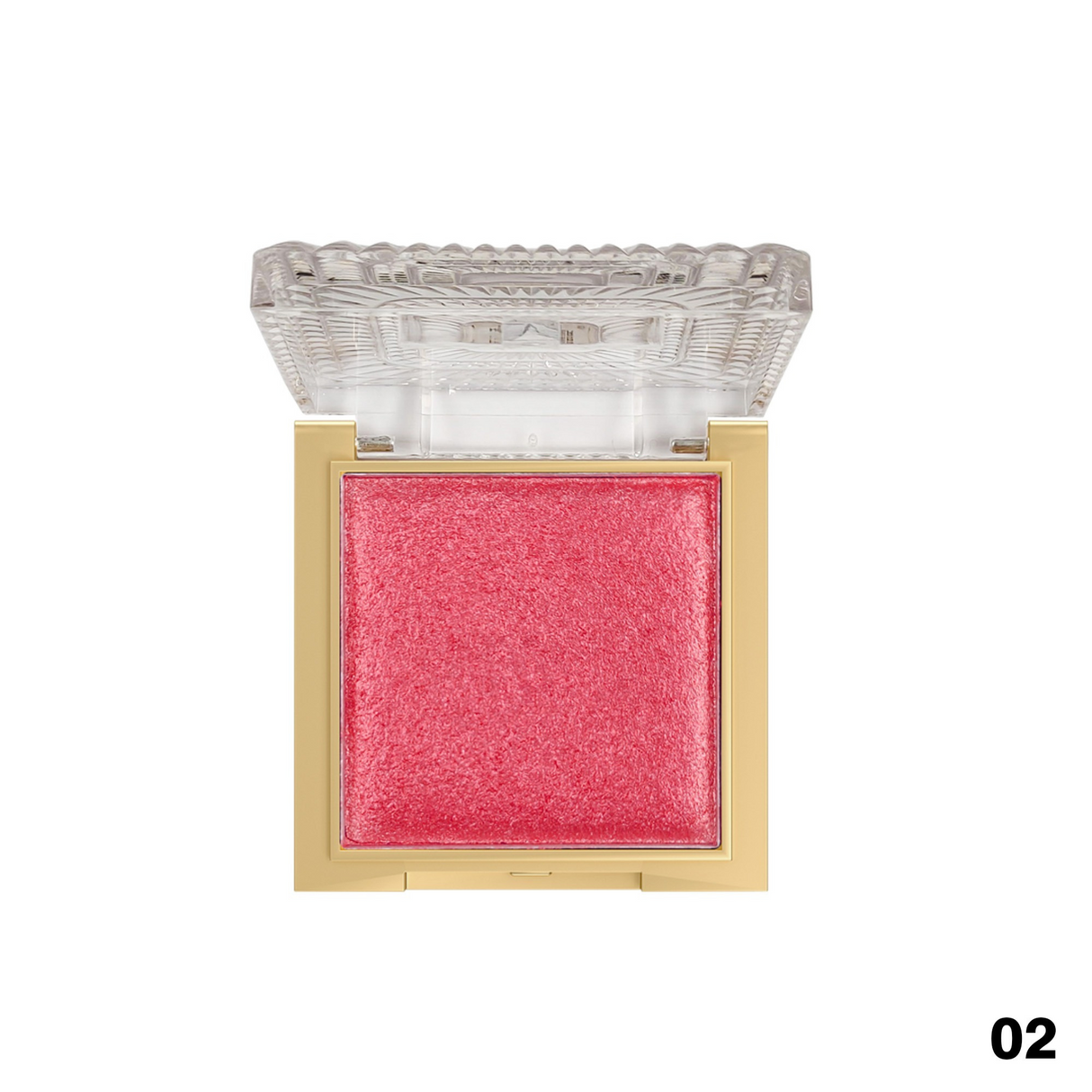 Pink makeup compact with a clear lid on a white background