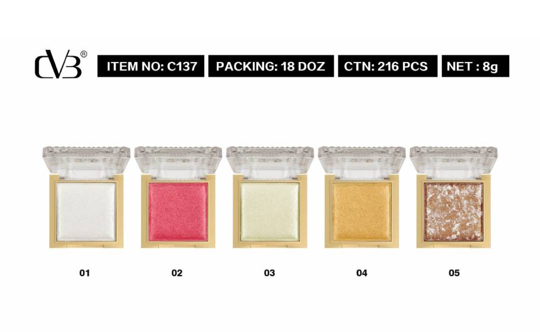 Five different colored makeup products in wooden cases with a visible brand logo on a white background.
