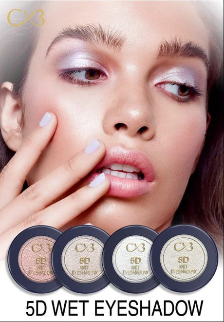 Model with 5D Wet Eyeshadow and product packaging on a white background