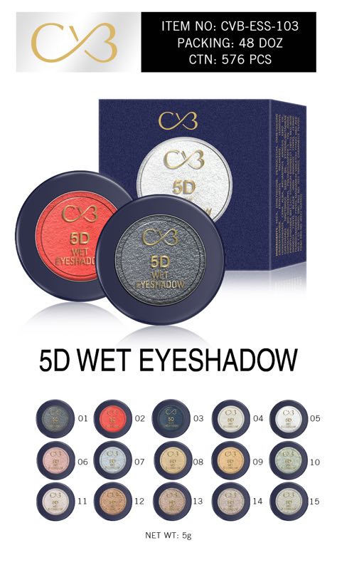 CX3 5D Wet Eyeshadow with packaging and color swatches on a white background