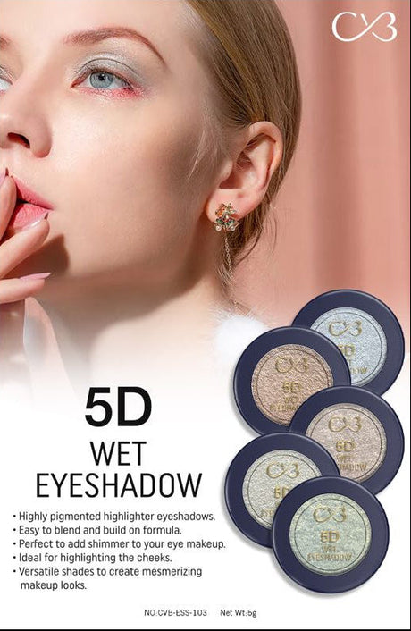 Advertisement for 5D Wet Eyeshadow with a close-up of a woman's face and the product packaging.