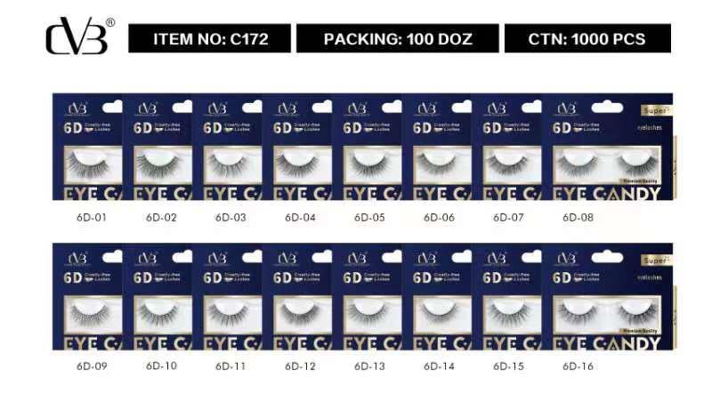 Packaging of false eyelashes with product codes and branding on a blue background