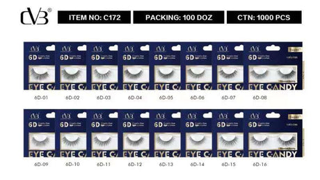Packaging of false eyelashes with product codes and branding on a blue background