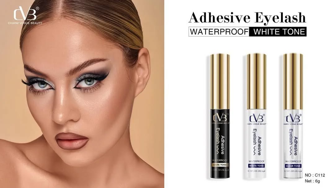 Model with adhesive eyelash product and three bottles of the product on a beige background