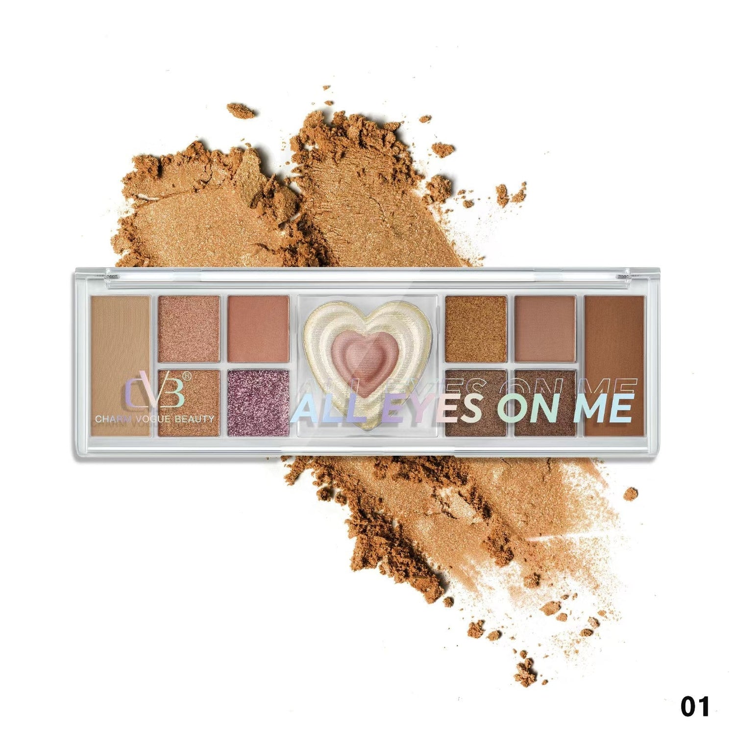 Makeup palette with 'All Eyes on Me' text and crushed powder on a white background