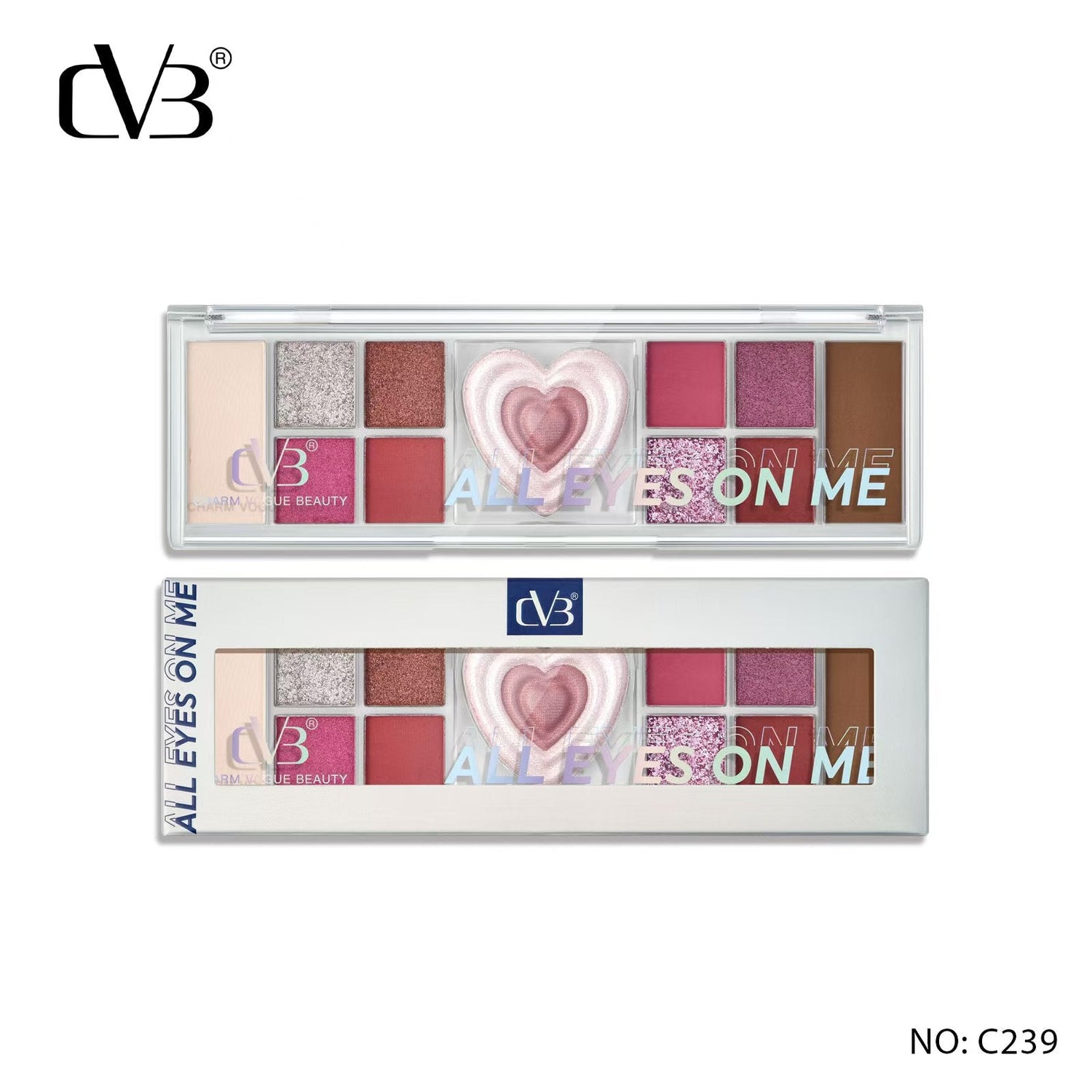 Makeup palette with heart design and 'All Eyes on Me' text, featuring the brand 'dV3'.