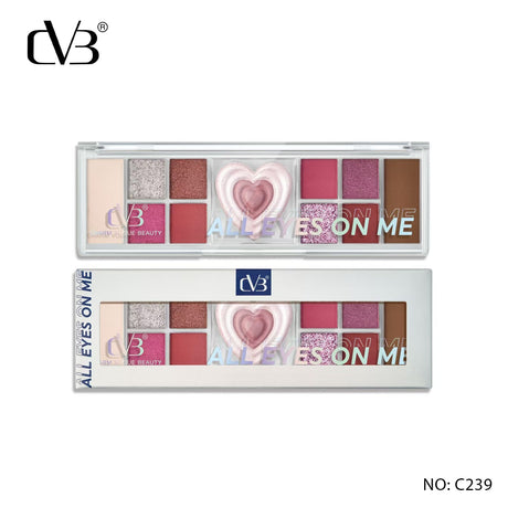 Makeup palette with heart design and 'All Eyes on Me' text, featuring the brand 'dV3'.