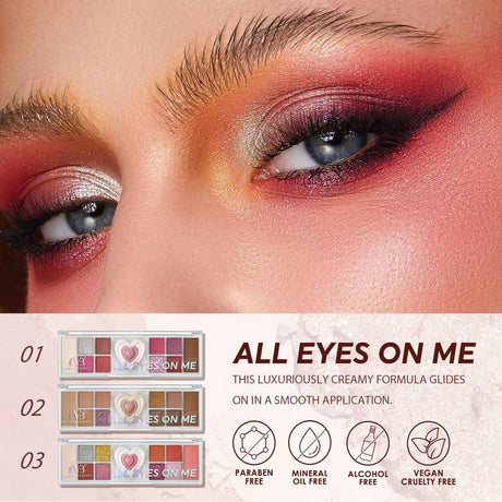 Close-up of eyes with makeup and 'All Eyes on Me' eyeshadow palette packaging.
