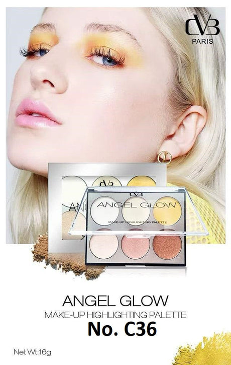 Make-up highlighting palette with 'Angel Glow' branding and a model wearing the product.