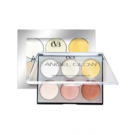 Make-up highlighting palette with 'Angel Glow' branding on a white background