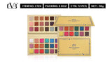 Makeup palette with color swatches and gold packaging on a white background