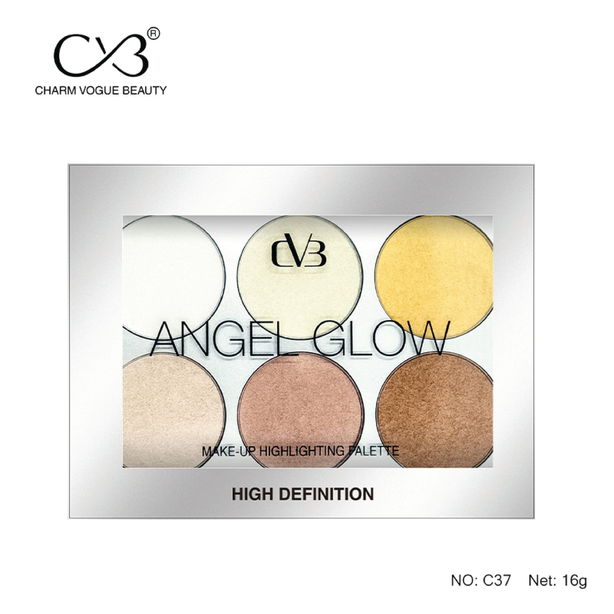 Makeup highlighting palette with five colors and 'Angel Glow' branding on a white background.