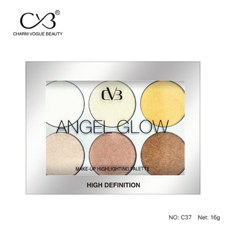 Makeup highlighting palette with five colors and 'Angel Glow' branding on a white background.