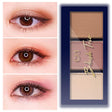 Makeup palette with 'Blush Trio' and close-up of eyes with makeup application.