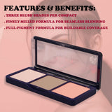 Makeup compact with three blush shades on a pink background