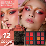 Makeup palette with color swatches and a model wearing makeup, featuring text about product features.