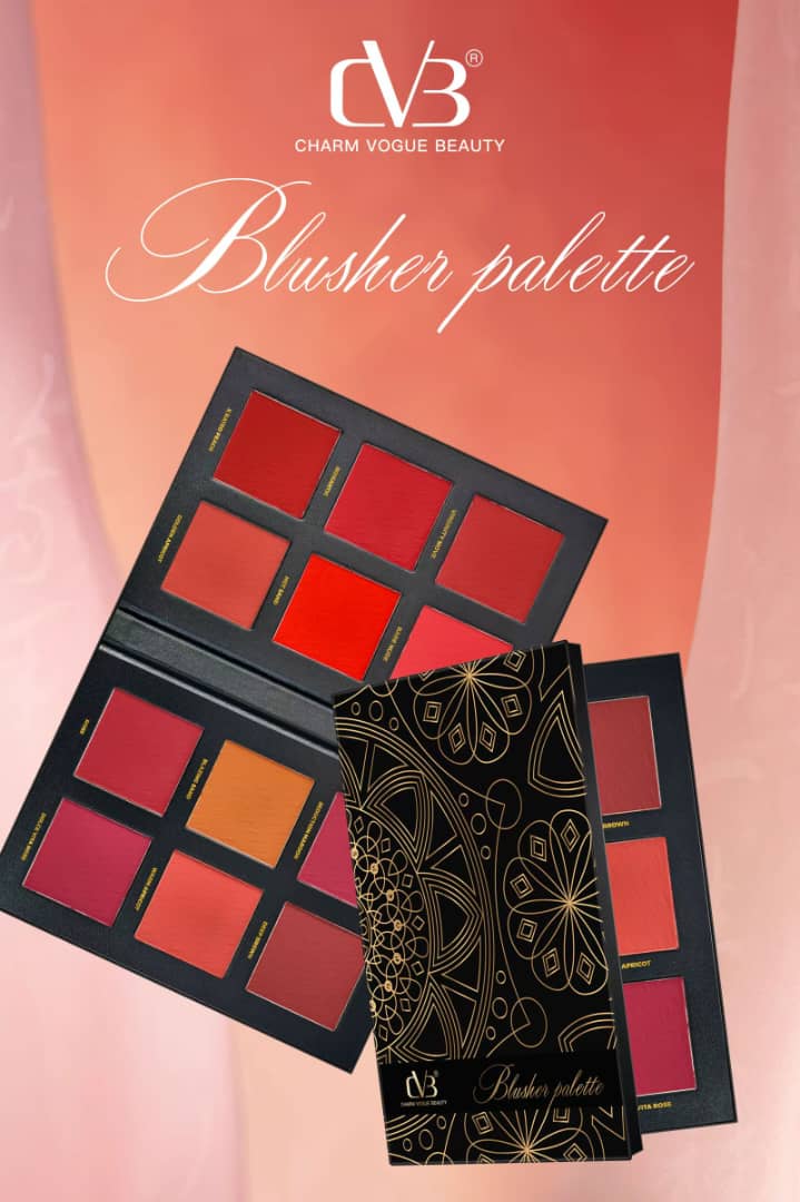 Blusher palette with open case showing red and orange shades on a pink background, featuring Charm Vogue Beauty logo.