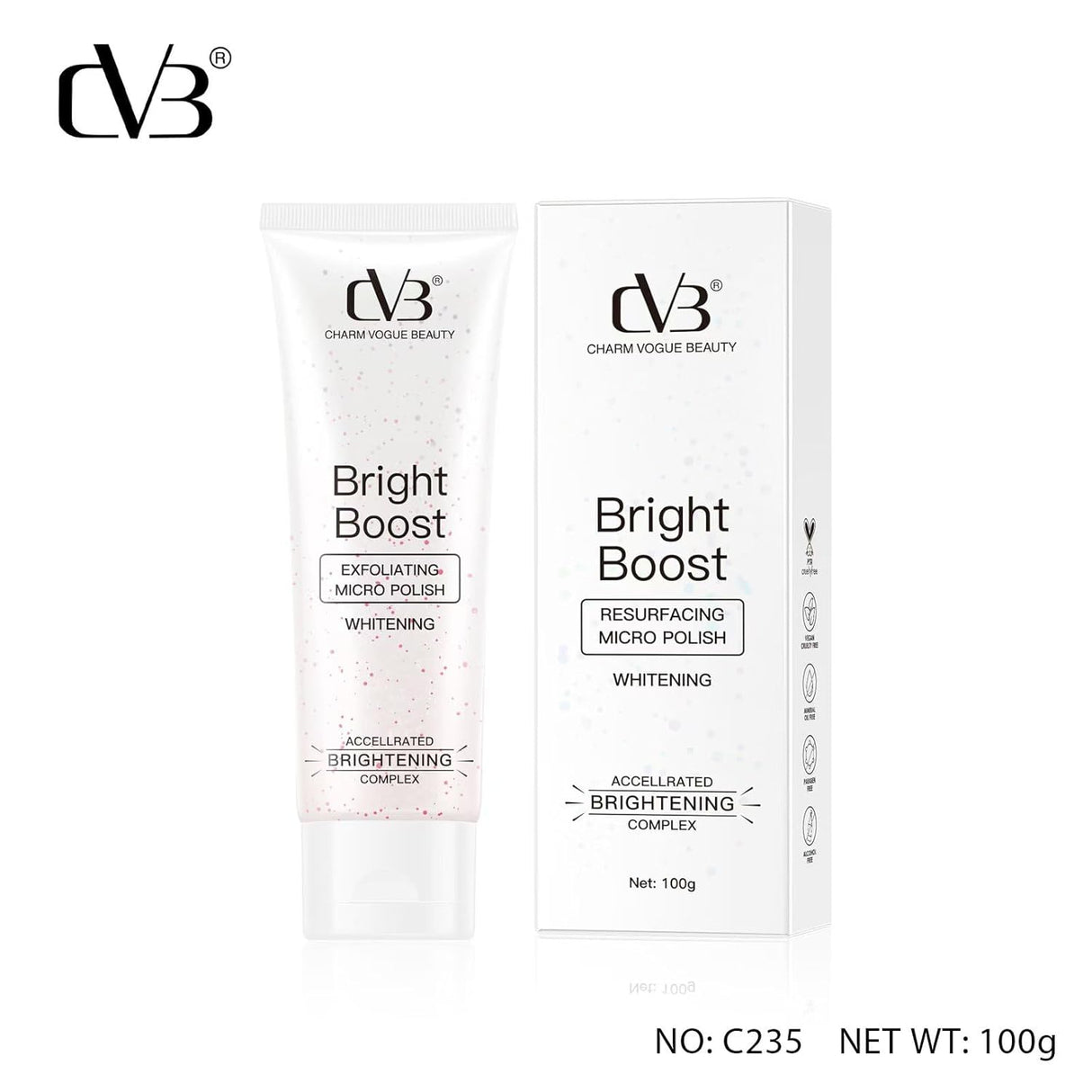 Two boxes of Charm Vogue Beauty Bright Boost Whitening products on a white background
