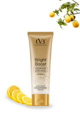 Tube of 'Bright Boost' skincare product with lemon slices and a lemon branch on a white background