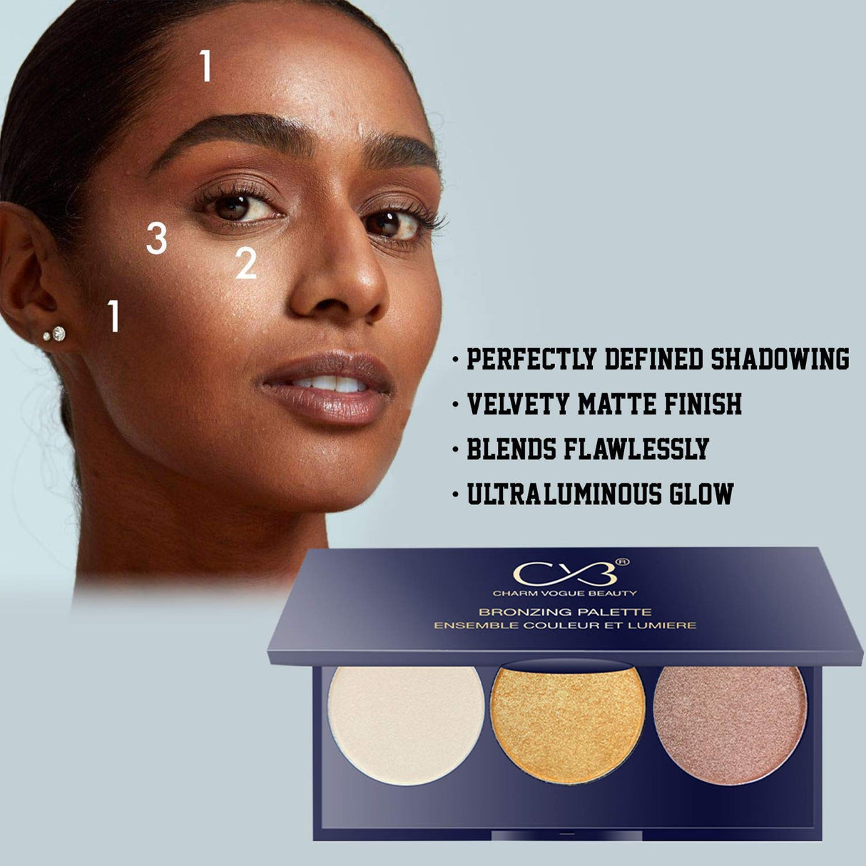Makeup palette with three shades next to a woman's face, highlighting product features.