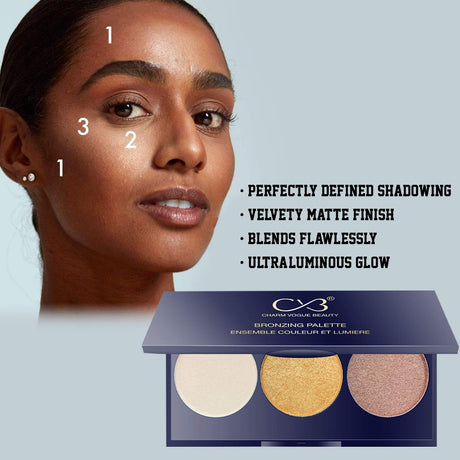Makeup palette with three shades next to a woman's face, highlighting product features.