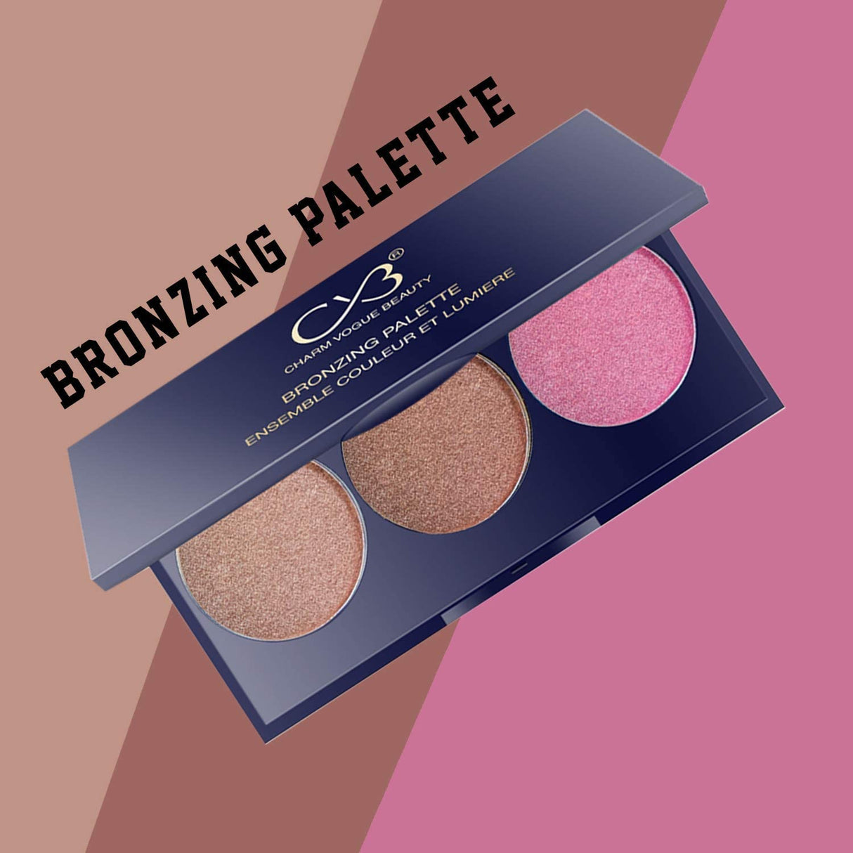 CharmVogue bronzing palette with three shades on a pink and brown background