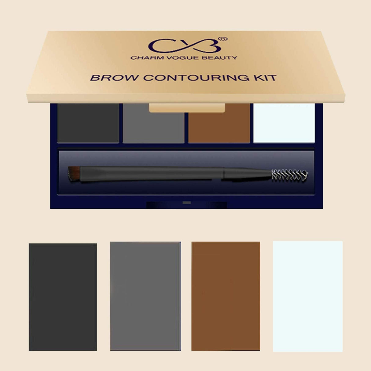 Charm Vogue Beauty brow contouring kit with color swatches on a beige background