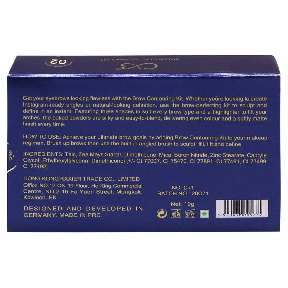 Back of a blue box with text and product details on a white background