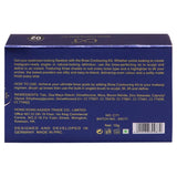 Back of a blue box with text and product details on a white background
