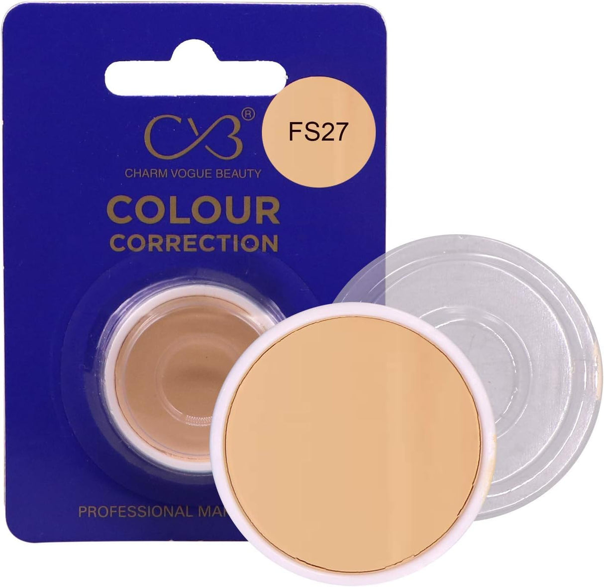Colour correction product with blue packaging and beige disc on a white background