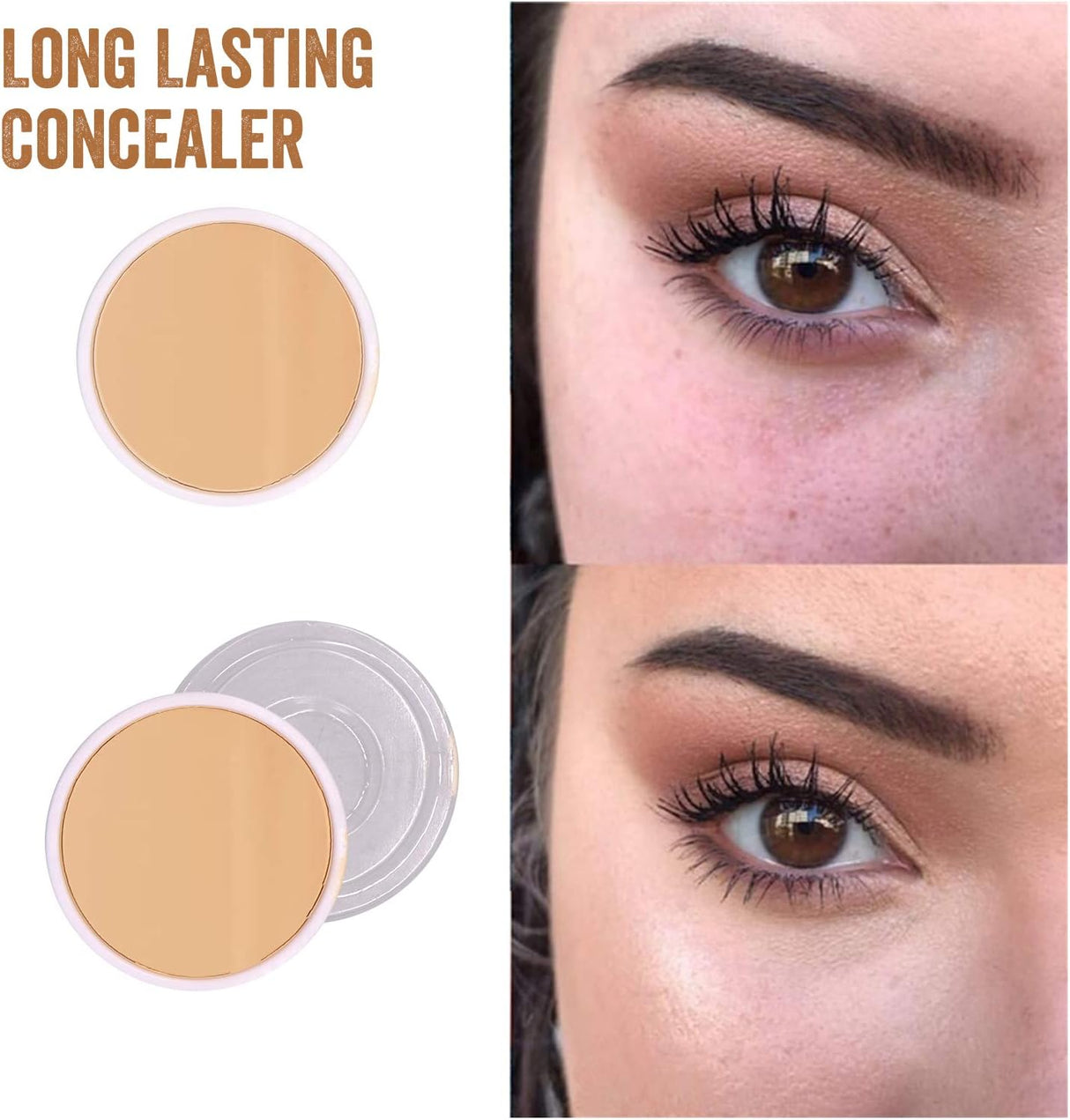 Long-lasting concealer product with before and after application on eyes.