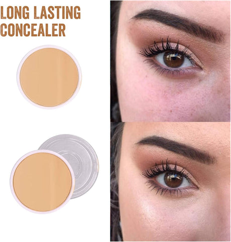 Long-lasting concealer product with before and after application on eyes.