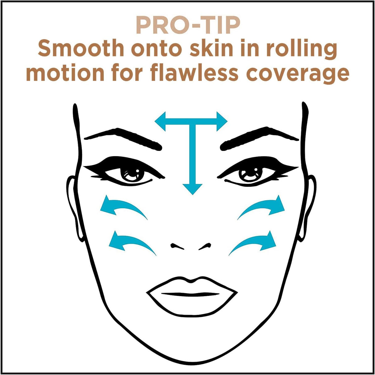 Illustration of a face with arrows showing rolling motion for flawless coverage, with text 'PRO-TIP Smooth onto skin in rolling motion for flawless coverage'.